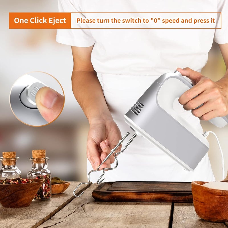 Yomelo 9-Speed Digital Hand Mixer Electric, 400W Powerful DC Motor, Hand Mixer Electric Handheld with Snap-On Storage Case, 5 Stainless Steel Accessories, Beaters, Dough Hooks, Whisk(Silvery White) - Image 5